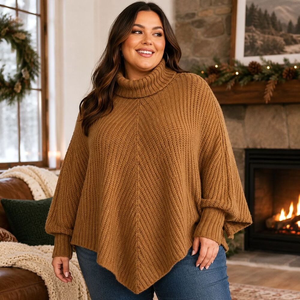 Torrid Chunky Ribbed Poncho Turtleneck Sweater 3X 4X Camel Cozy Knit Long Sleeve